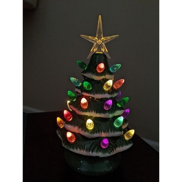 2 Green snow tipped vintage bisque ceramic lit Charismas trees. - Picture 3 of 5